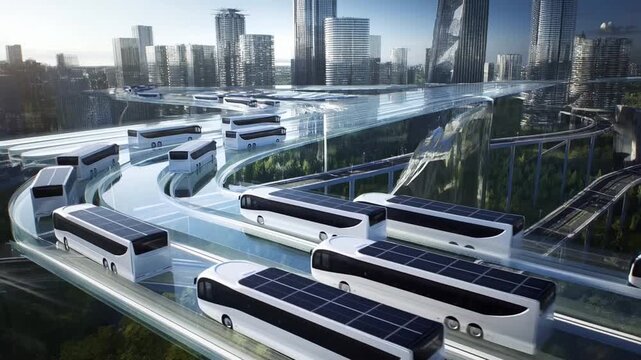 A fleet of electric buses streams along multilayer elevated highways in a sleek glass city, their rooftop solar panels gleaming as the curving network weaves above green parks and waterways.