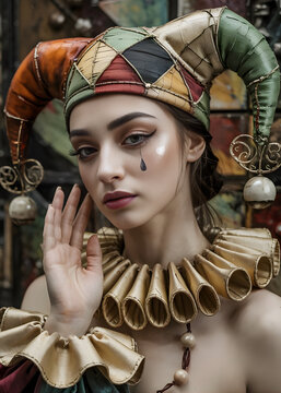 Retrato de mujer joven vestida de arlequ&iacute;n melanc&oacute;lico con sombrero de buf&oacute;n y detalles dorados, concepto de arte teatral y carnaval