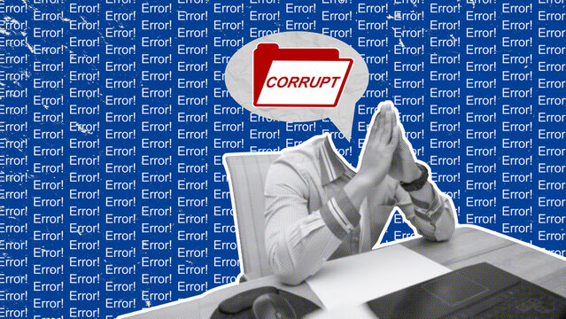 Concept of corrupt file and data corruption through a digital collage. Crossed hands on a desk and the word "CORRUPT", it represents the frustration and challenges of data loss and system malfunction