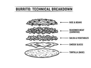 technical breakdown of a burrito, with layered ingredients including meat, cheese, salsa, and tortilla sketch engraving generative ai raster illustration. Scratch board imitation. Black and white.