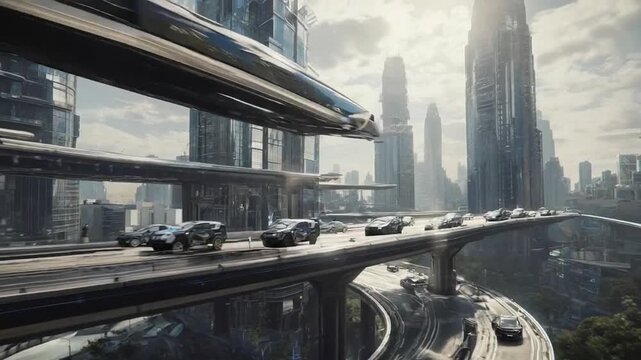 Sleek autonomous cars glide along layered skyways between towering glass skyscrapers, sunlight diffused through haze as the multi-level freeway weaves above a lush, modern mega city.