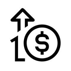 Obraz premium Minimalist black and white line icon of upward arrow with dollar sign, symbolizing financial growth, rising profits, investment, business success, and economic value.