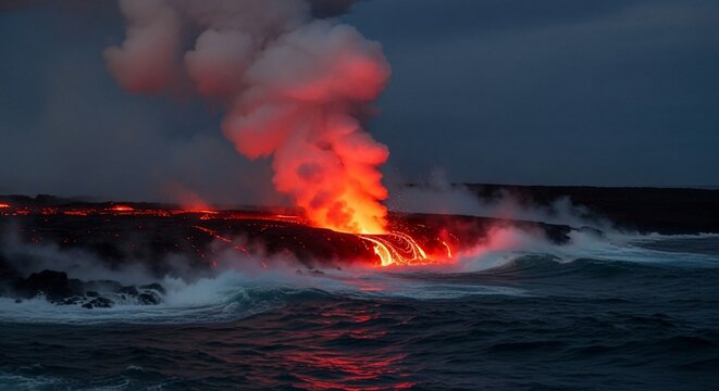 Volcanic eruption in the ocean with lava and smoke.