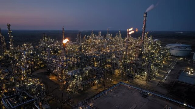 Aerial view of an industrial plant at dusk, ablaze with lights, flames, and smoke