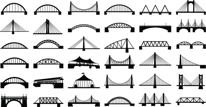 Bridge silhouette icon set with arch suspension truss and cable structures for transportation architecture and engineering designs