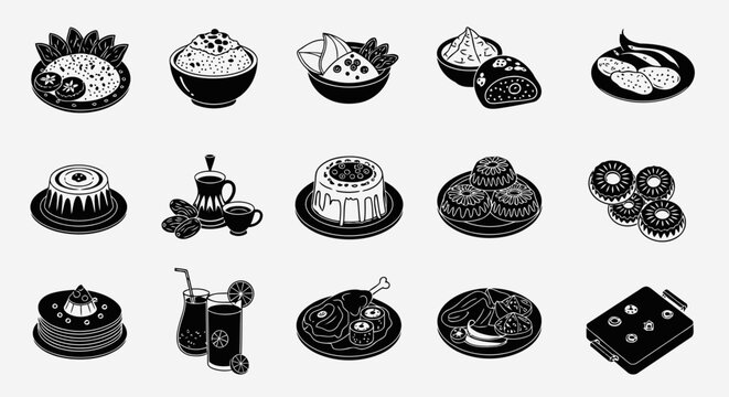 Twelve original black icons arranged in one frame, representing traditional Saudi Arabian foods served during Eid al-Fitr, including kabsa rice, lamb mandi, jareesh, harees, samboosa, mutabbaq