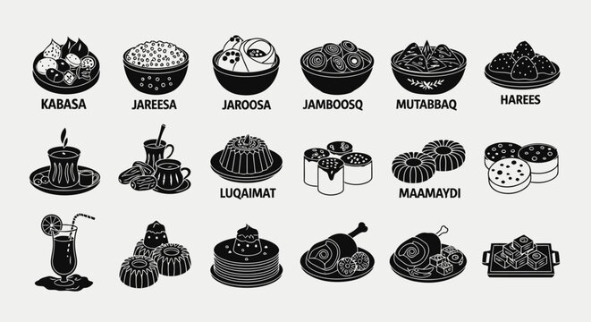 A unique set of 15 black monochrome icons in one frame featuring traditional Saudi Arabian Eid al-Fitr foods such as kabsa, jareesh, samboosa, mutabbaq, harees, dates with Arabic coffee dallah