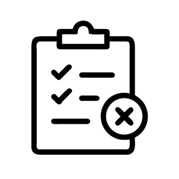 Black and white icon of clipboard with checklist and rejection mark, symbolizing incomplete tasks, failed evaluation, cancellation, error, or pending attention