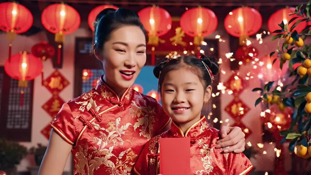 Loving Mother Celebrating Chinese New Year With Daughter - A mother is pictured kissing her daughter's forehead during Chinese New Year celebrations.