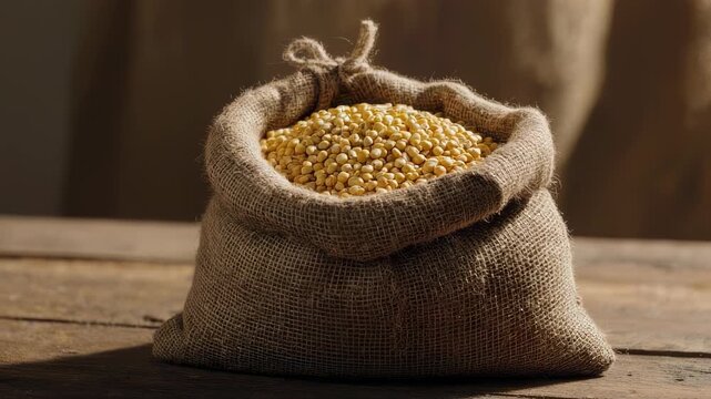 A burlap sack brimming with round, yellow seeds sits on a wooden surface, close up