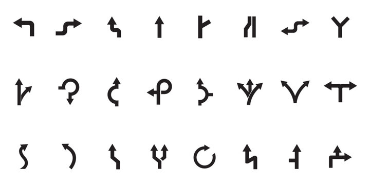 Black traffic direction arrow icon set on white background