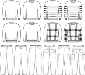 Fashion flat line vector pack of men outfits. Includes sweaters with different patterns and pants styles shown from front and back views. Ideal for fashion branding and apparel presentations.