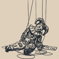 A dramatic illustration of a broken clown marionette lying with a sign 'THE END.' Symbolic vector graphic in a vintage engraving style.