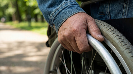 Obraz premium close up of caucasian man hand holding wheelchair wheel in green summer park. disabled male person in denim clothes moving outdoors. handicap mobility concept. banner, website header.