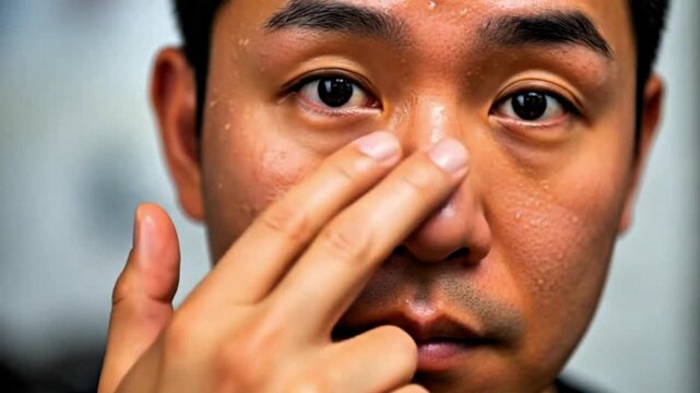 Video, men's facial health advertisement, a man holding his oily skin, close-up, creative advertisement. 