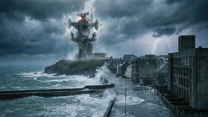 Fototapeta premium Coastal city under stormy sky with a communication tower on a cliff, facing a flood from strong ocean waves and lightning, for disaster prediction concept.