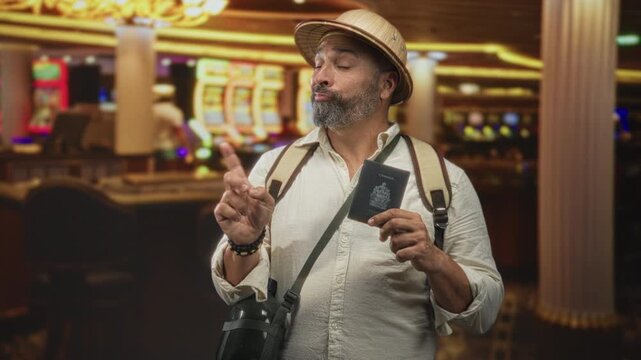 Middle age hispanic man with grey beard and pith hat holding passport and pointing finger in casino slot machine area with backpack visible; skepticism travel.