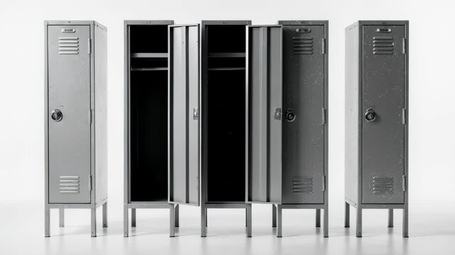 Five metal lockers, some open, sit against a white background. Their insides are dark