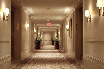 Long hotel hallway with cream walls, wood accents, and a calm inviting mood