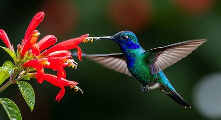 Fototapeta premium Hummingbird feeding on red flowers in a lush green environment.