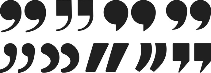Minimalist quotation mark icons in bold black style. Abstract typographic punctuation elements suitable for graphic design, publishing, digital interfaces, and modern branding projects.
