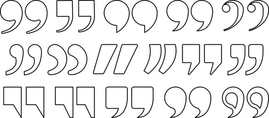 A modern outline quotation marks icon set featuring multiple linear typographic styles. Clean black stroke punctuation symbols isolated on white background, ideal for editorial layouts, UI, UX