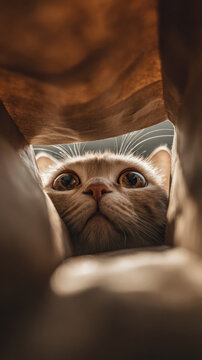 View from Inside Paper Bag Looking Up at Curious Big Eyed Cat Peeking Through Opening