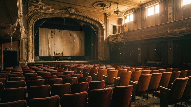 Old abandoned theater hall with dusty red chairs. Retro vibe 80s concept. Derelict cinema building for historical decay or lost places.