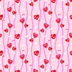 Vector illustration, red hearts with pink ribbons