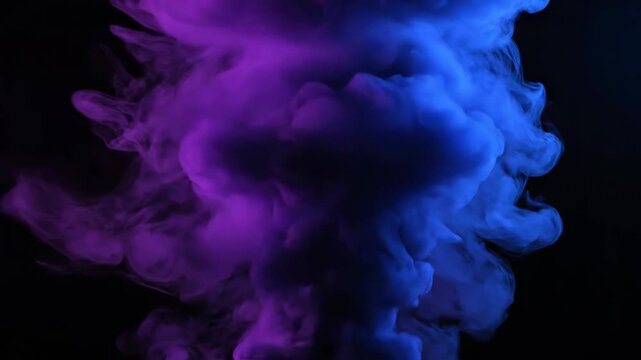 Plumes of thick, vibrant purple and blue smoke slowly billowing upwards against a solid black background