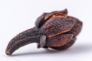 Macro close-up of a single organic dried clove bud on a white background