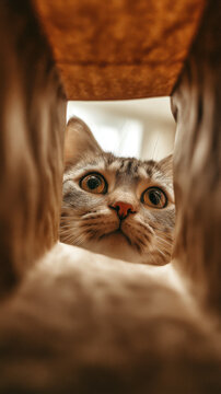 View from Inside Paper Bag Looking Up at Curious Big Eyed Cat Peeking Through Opening