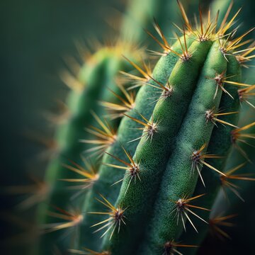 Macro close-up of cactus skin with areoles and spines in lush green tones