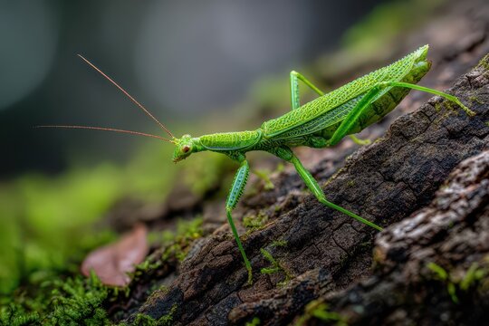 Macro photograph of a camouflaged phasmid blending into green bark with soft background