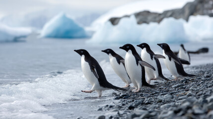 Group of penguins gathered near edge of frozen shoreline. Life in permafrost conditions, climate change problems on the planet. Global warming