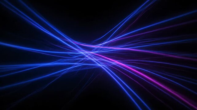 Glowing blue and purple neon light streams flowing and crossing in a futuristic energy background