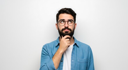 Fototapeta premium Bearded Man in Glasses Pondering, Hand on Chin, Looking Up Thoughtfully.