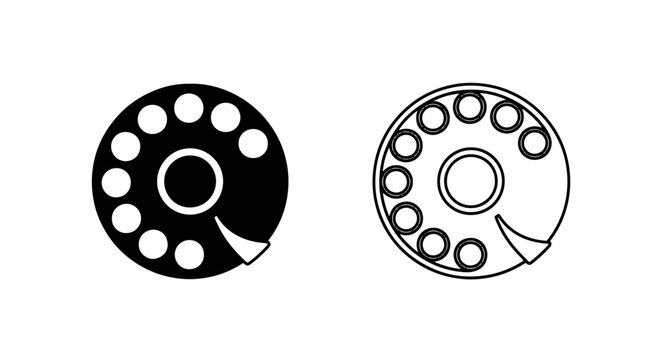 Icons of a rotary dial telephone wheel, one solid black and one outline, representing dialing and communication.