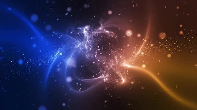 Abstract background featuring glowing blue and orange energy streams colliding with particles