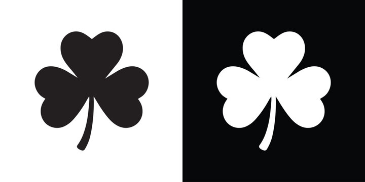 Three-leaf shamrock clover vector icon. Symbol of luck, Irish heritage, and Saint Patrick's Day. Clean minimalist nature element in solid black and white styles for logo or web design.