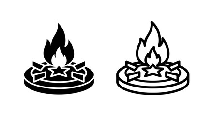 Gas stove burner icon with flame, shown in solid black and outline styles.