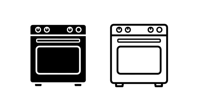 Minimalist black and white vector icons of a modern oven, suitable for kitchen, cooking, and appliance graphics.