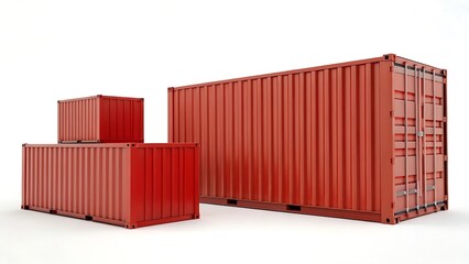 Fototapeta premium Three red shipping containers of varying sizes stacked together