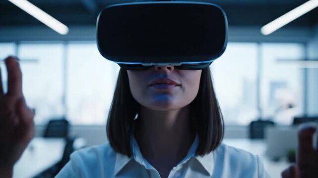 Professional woman using a virtual reality headset in a modern open plan office to interact with immersive digital data and simulated 3D environments.