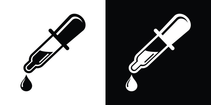 Vector eyedropper icon with liquid drop. Minimalist pipette symbol for laboratory, medical, or graphic design color picker tools. Black and white versions on contrasting backgrounds.