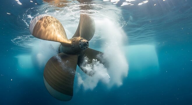 Underwater view of a boat propeller spinning and creating turbulence.