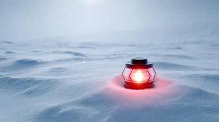Emergency beacon glowing red in pure white snow. Life in permafrost conditions, climate change problems on the planet. Global warming