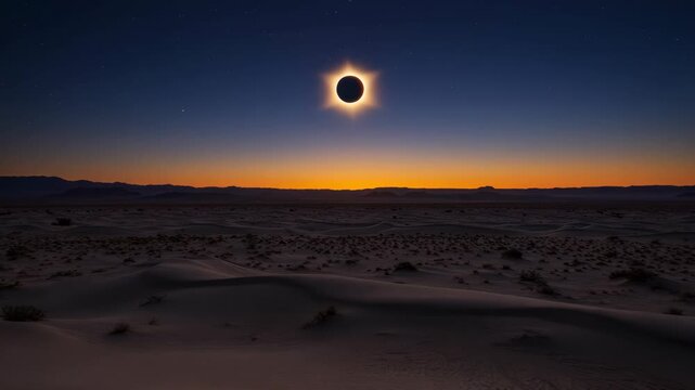Total Solar Eclipse Over Snowy Desert at Sunset