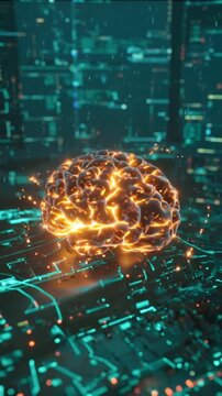 Cinematic 4K stock video, futuristic digital brain, glowing orange circuits, neural networks pulsating, streams luminous data flowing dynamically liquid fire synapses depth detail, holographic codes