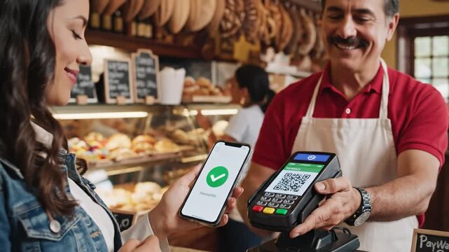 Female Customer Utilizing Smartphone for Contactless NFC Digital Mobile Payment Transaction to Pay Merchant in Bakery Shop with Wireless QR Code Technology in Modern Pastry Store